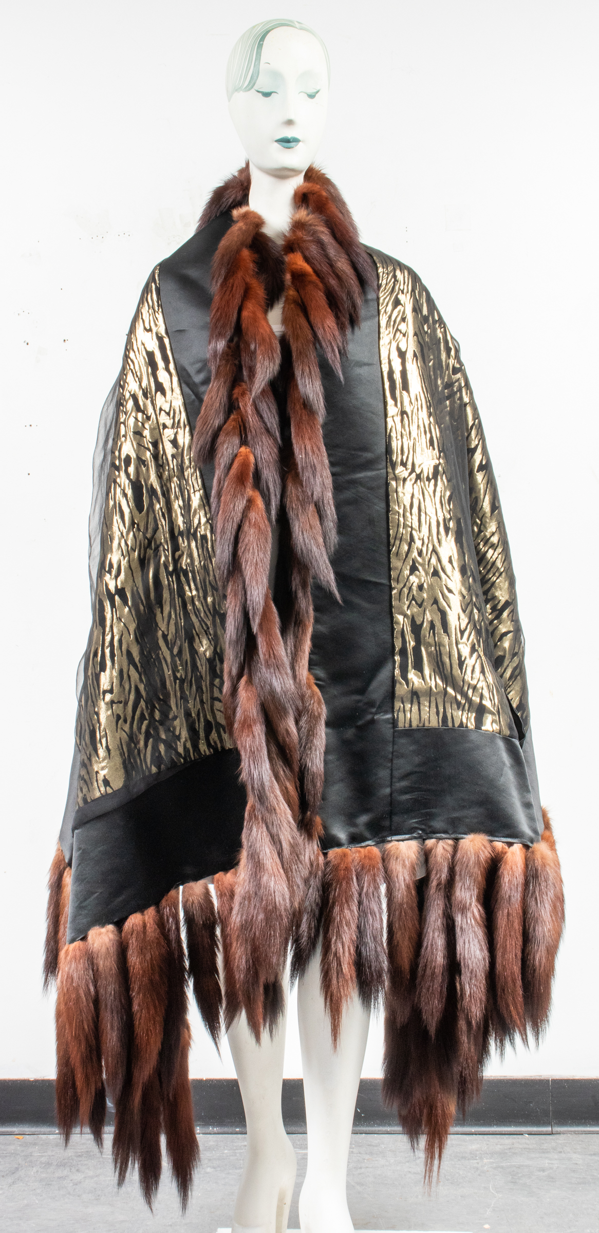 BLACK SATIN SHAWL WITH FOX FUR TRIM