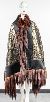 BLACK SATIN SHAWL WITH FOX FUR