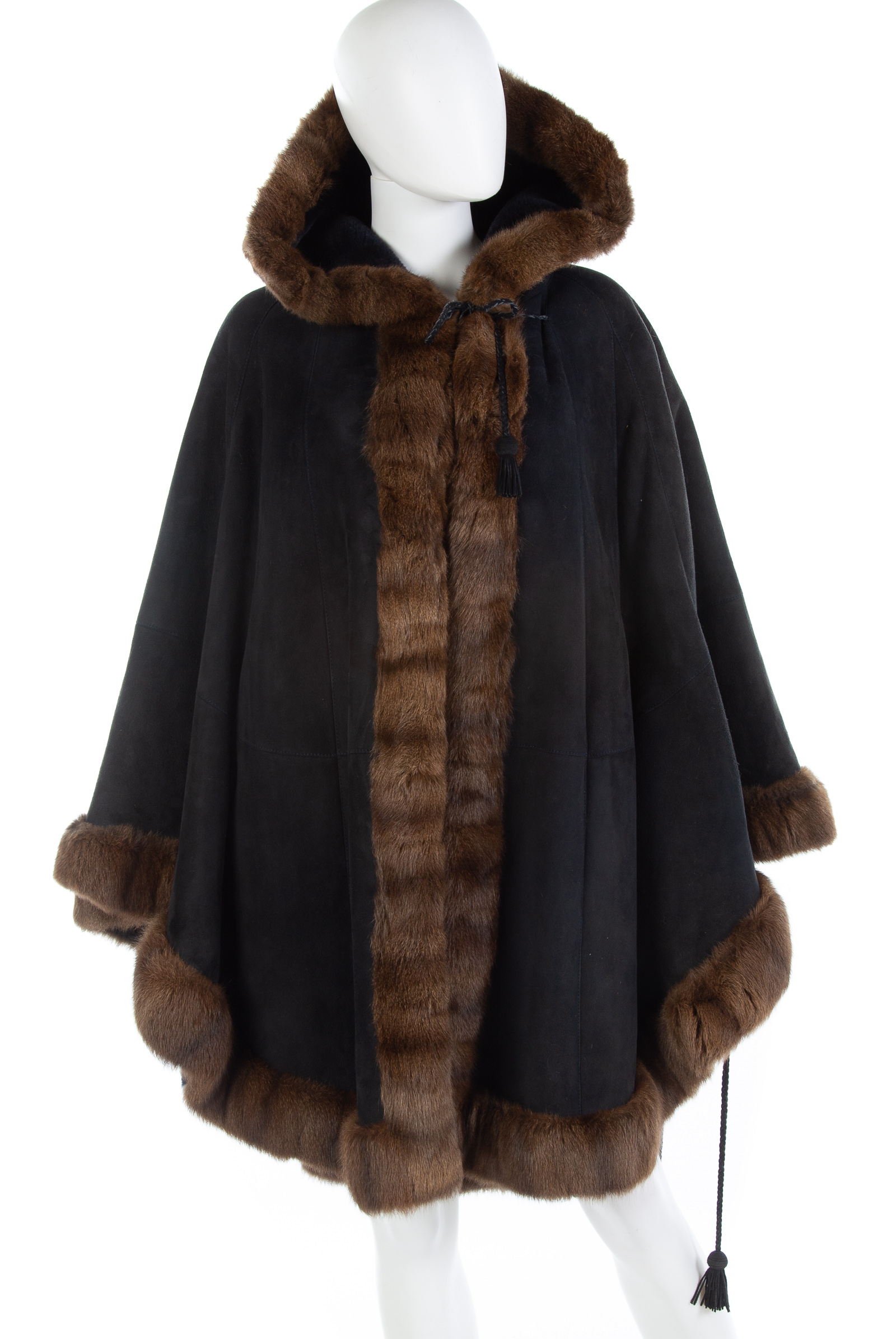 BLACK SUEDE CAPE WITH MINK TRIM