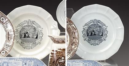 Black transferware plate and tray