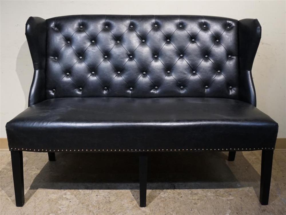 BLACK VINYL UPHOLSTERED SETTEE,