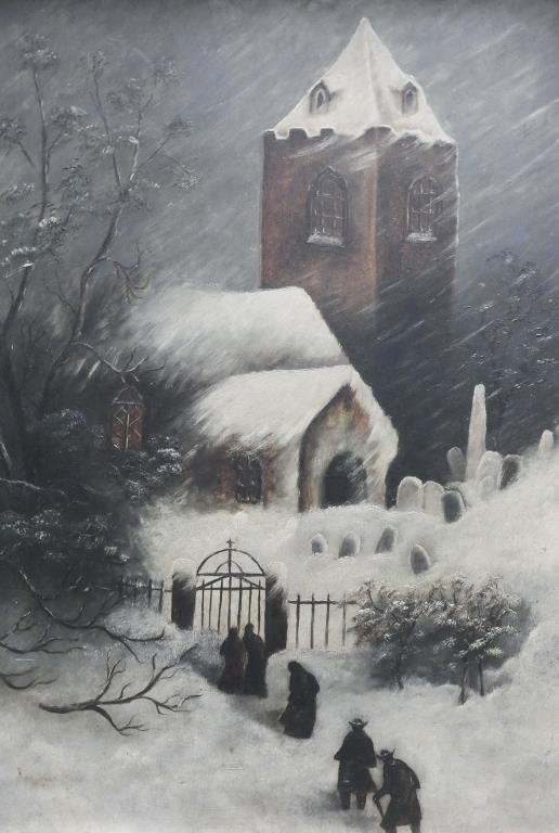 BLIZZARD IN CHURCH YARD, OIL ON