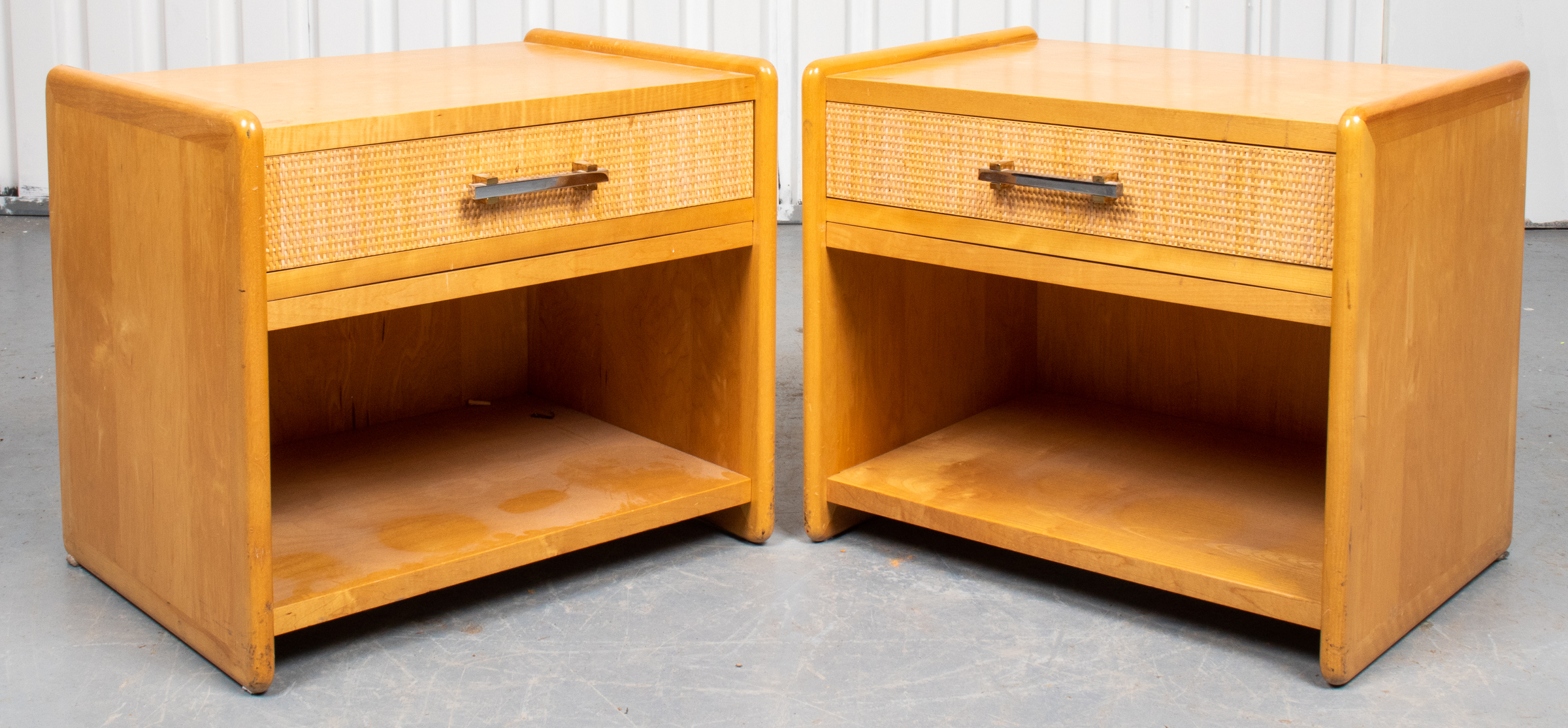 BLONDE WOOD SIDE TABLES, PAIR
