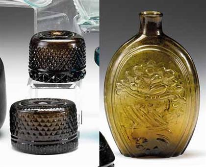 Blown amber glass  flask and two