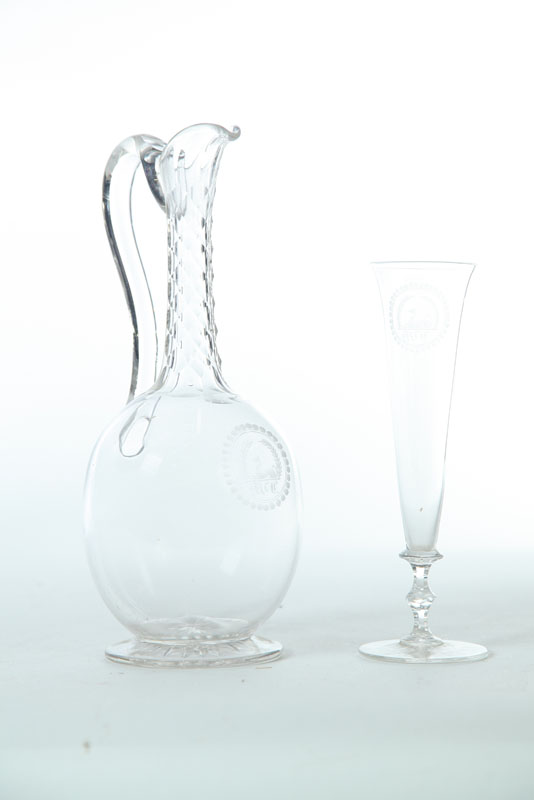BLOWN GLASS EWER AND ALE GLASS. 