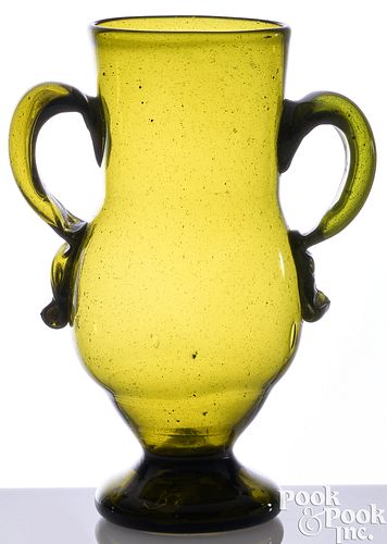 BLOWN YELLOW/GREEN GLASS VASE, 19TH