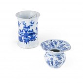 BLUE AND WHITE BRUSH POT AND F