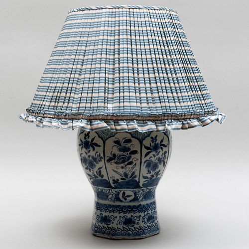 BLUE AND WHITE DELFT JAR MOUNTED AS