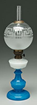 Blue and white glass oil lamp, blue