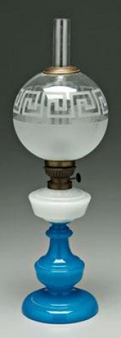 Blue and white glass oil lamp,