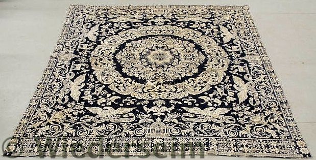 Blue and white jacquard coverlet
