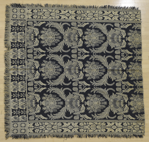 Blue and white Jacquard coverlet