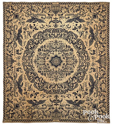 BLUE AND WHITE JACQUARD COVERLET,