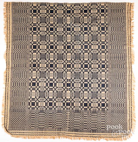BLUE AND WHITE OVERSHOT COVERLET,