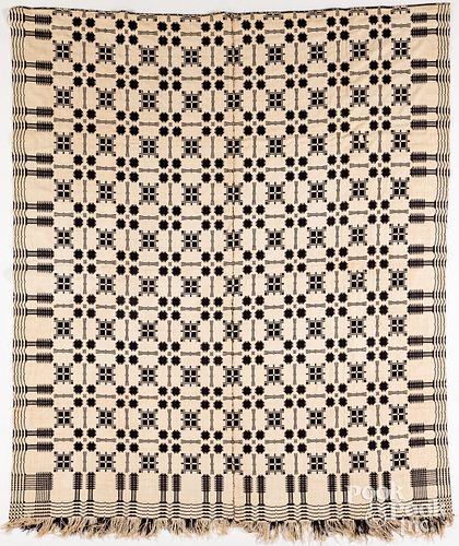 BLUE AND WHITE OVERSHOT COVERLET,