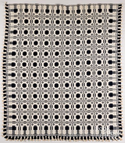 BLUE AND WHITE OVERSHOT COVERLET,