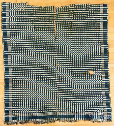 BLUE AND WHITE OVERSHOT COVERLET,