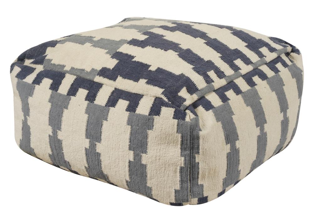 BLUE AND WHITE UPHOLSTERED POUFBlue