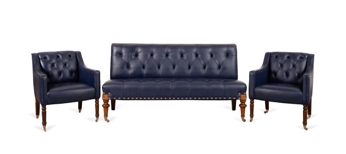BLUE CHESTERFIELD LEATHER SETTEE