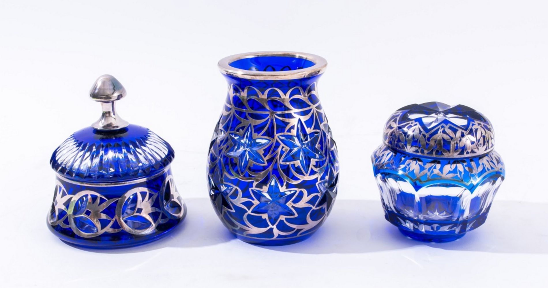 BLUE CUT GLASS SILVER OVERLAY