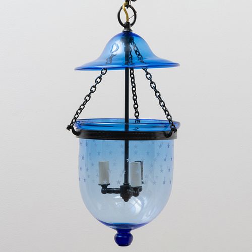 BLUE ETCHED GLASS HUNDI LANTERN15 x