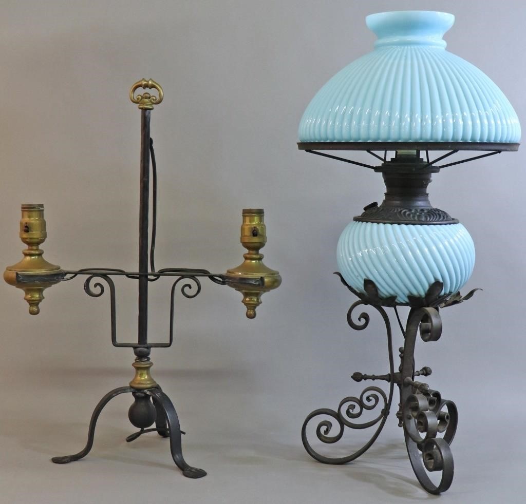 Blue glass and metal oil lamp