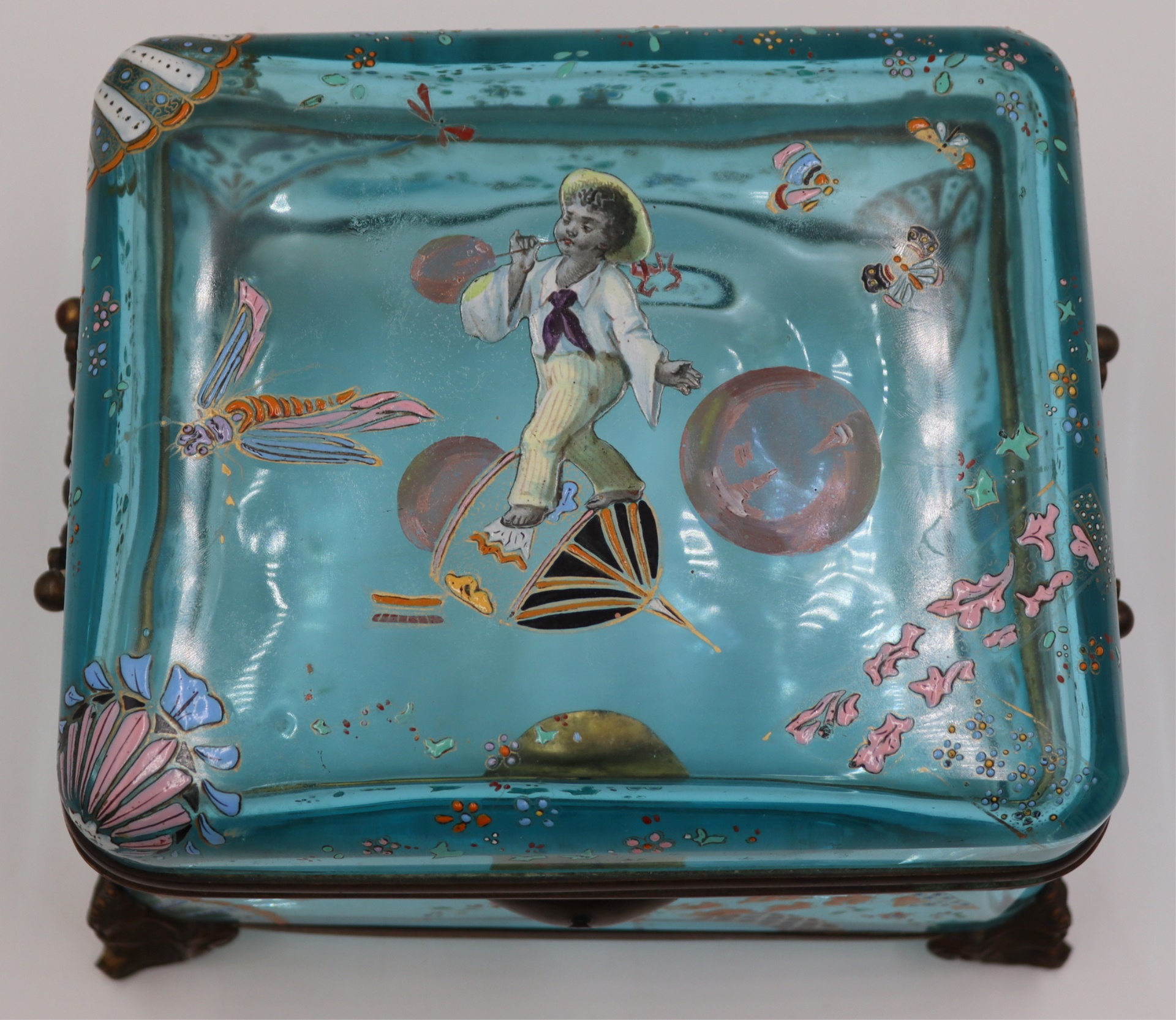 BLUE GLASS ENAMEL DECORATED
