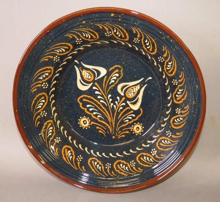 BLUE GLAZE TULIP DESIGN REDWARE