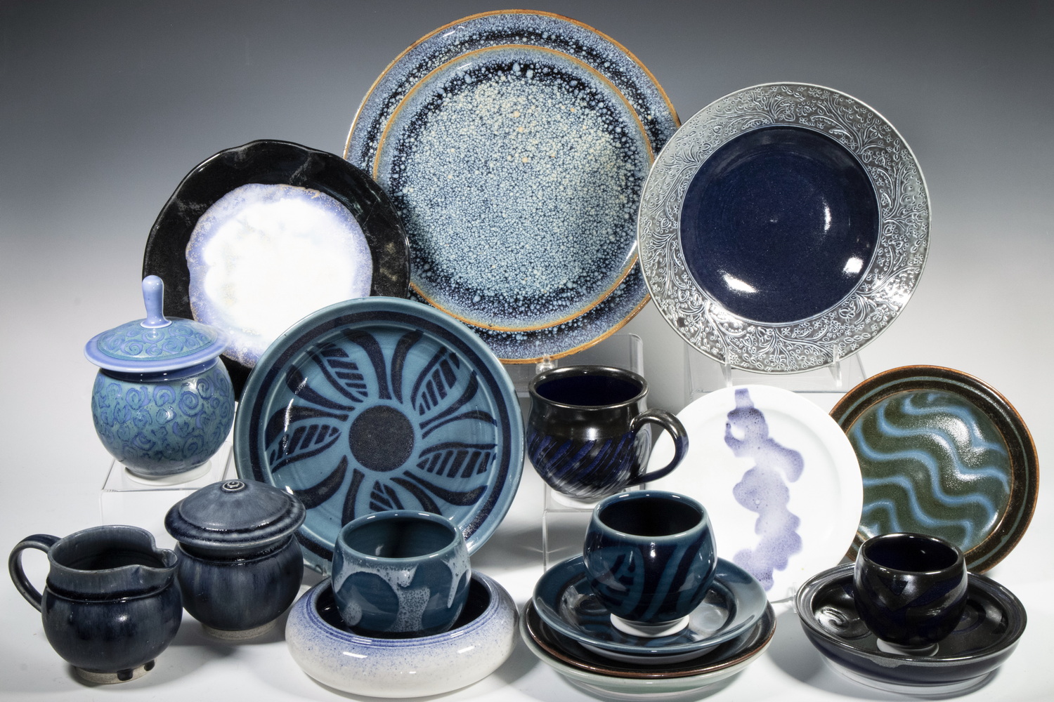 BLUE GLAZED ART POTTERY DISHES