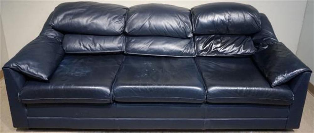 BLUE LEATHER UPHOLSTERED SOFA AND
