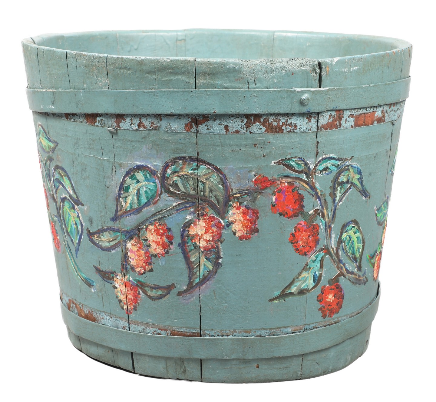 Blue painted wood bucket, hand