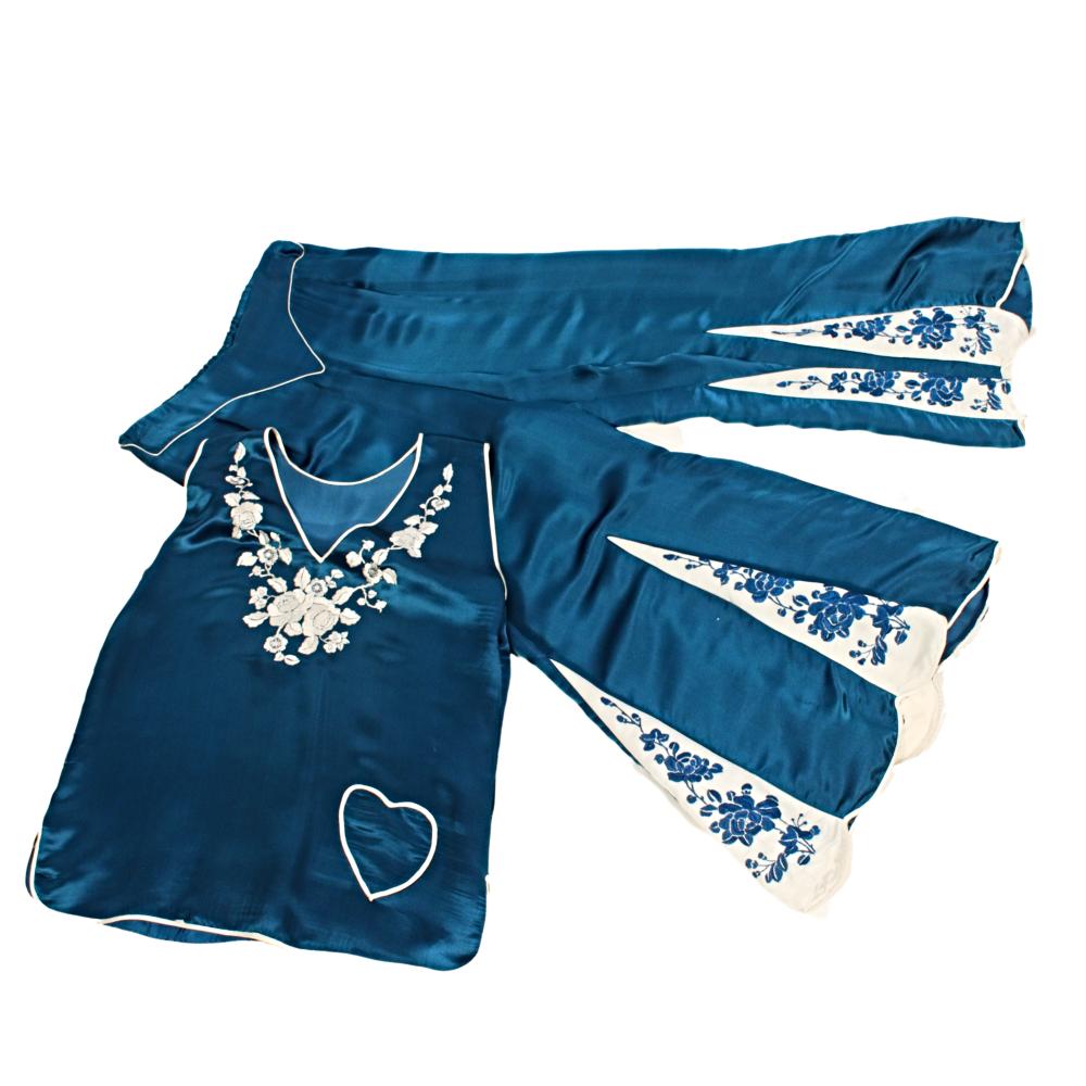 BLUE SATIN FLORAL EMBROIDERED