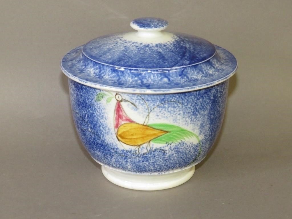 BLUE SPATTER COVERED SUGAR BOWL,