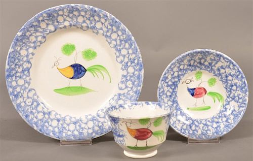 BLUE SPONGE PEAFOWL PLATE, CUP