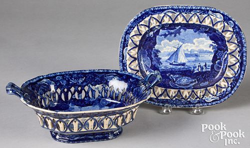 BLUE STAFFORDSHIRE BASKET AND