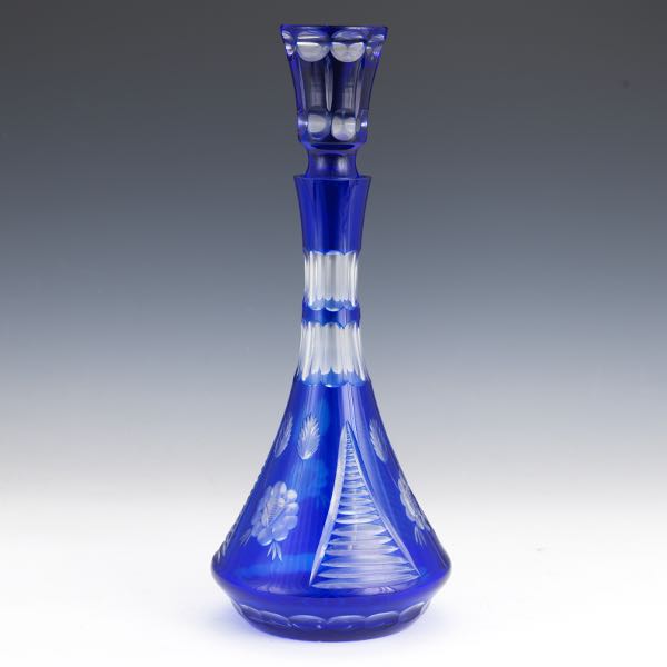 BLUE TO CLEAR CUT GLASS DECANTER 