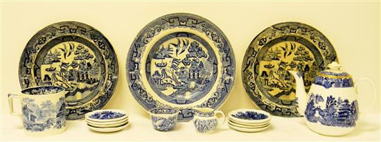 Blue transferware including: