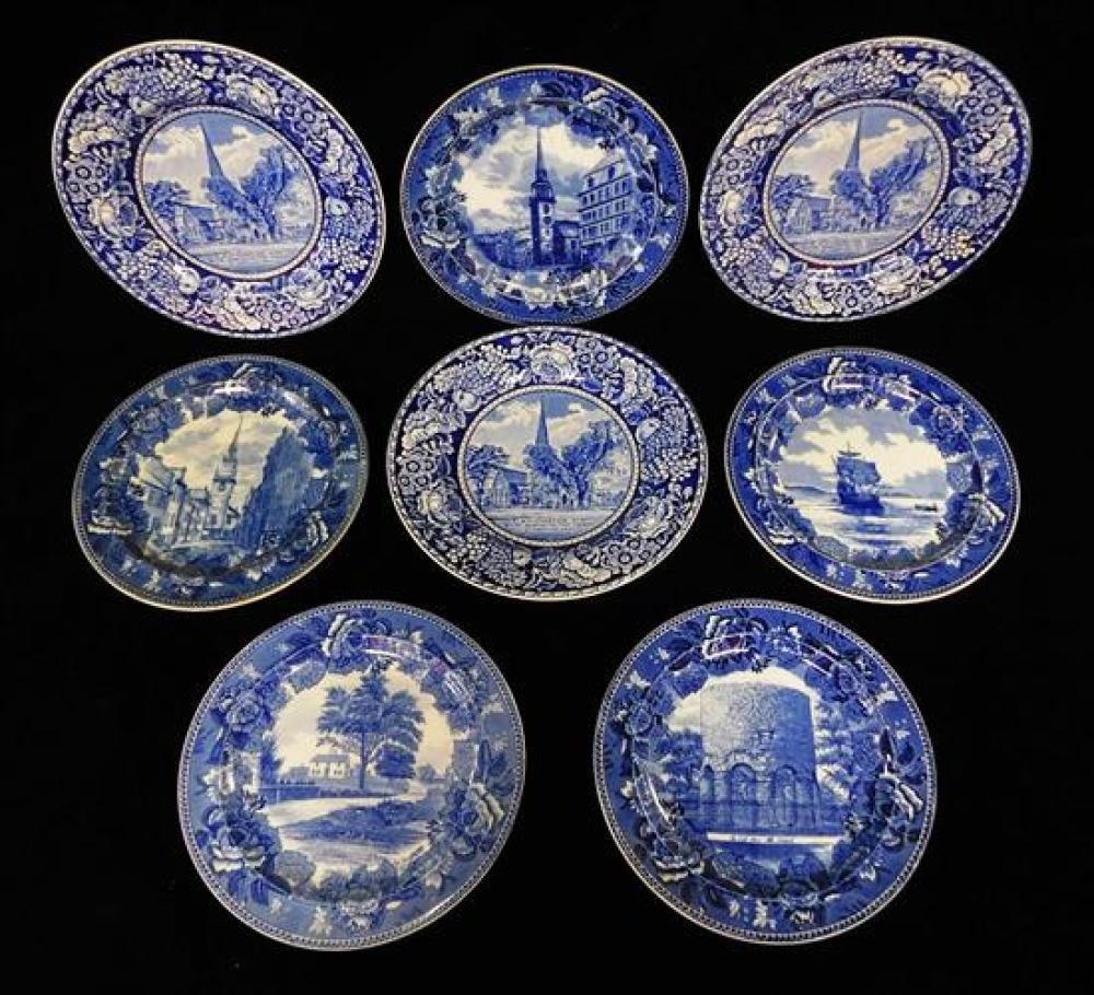 BLUE TRANSFERWARE PLATES, FIVE