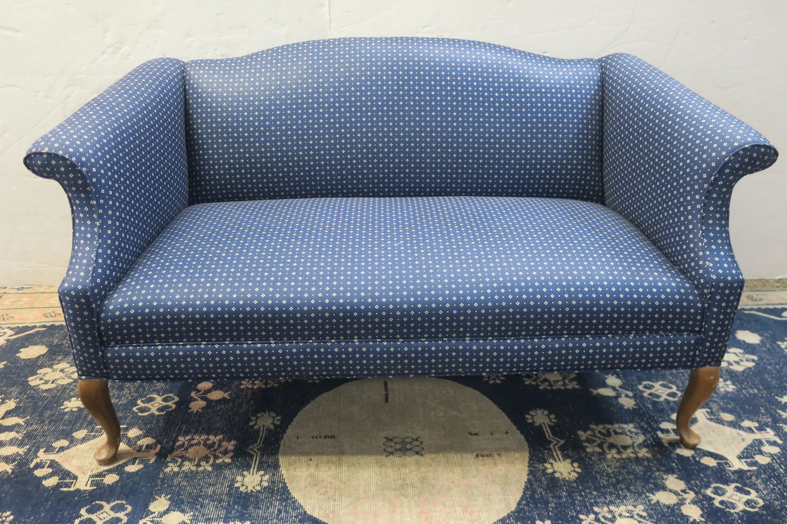 BLUE UPHOLSTERED CHIPPENDALE