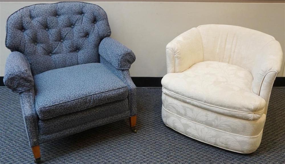 BLUE UPHOLSTERED LOUNGE CHAIR AND
