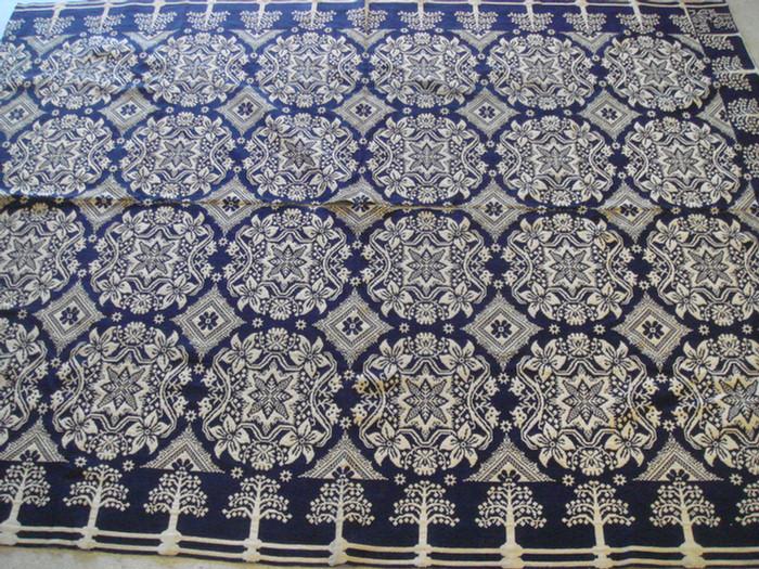 Blue & white Jacquard coverlet,