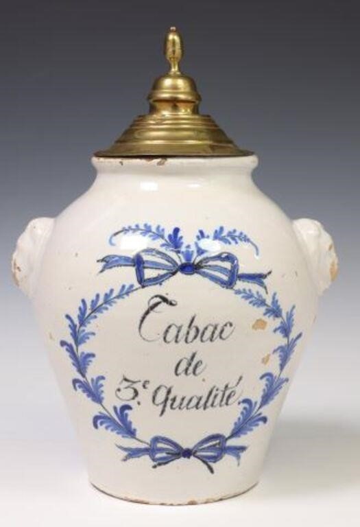 BLUE & WHITE TOBACCO JAR WITH BRASS