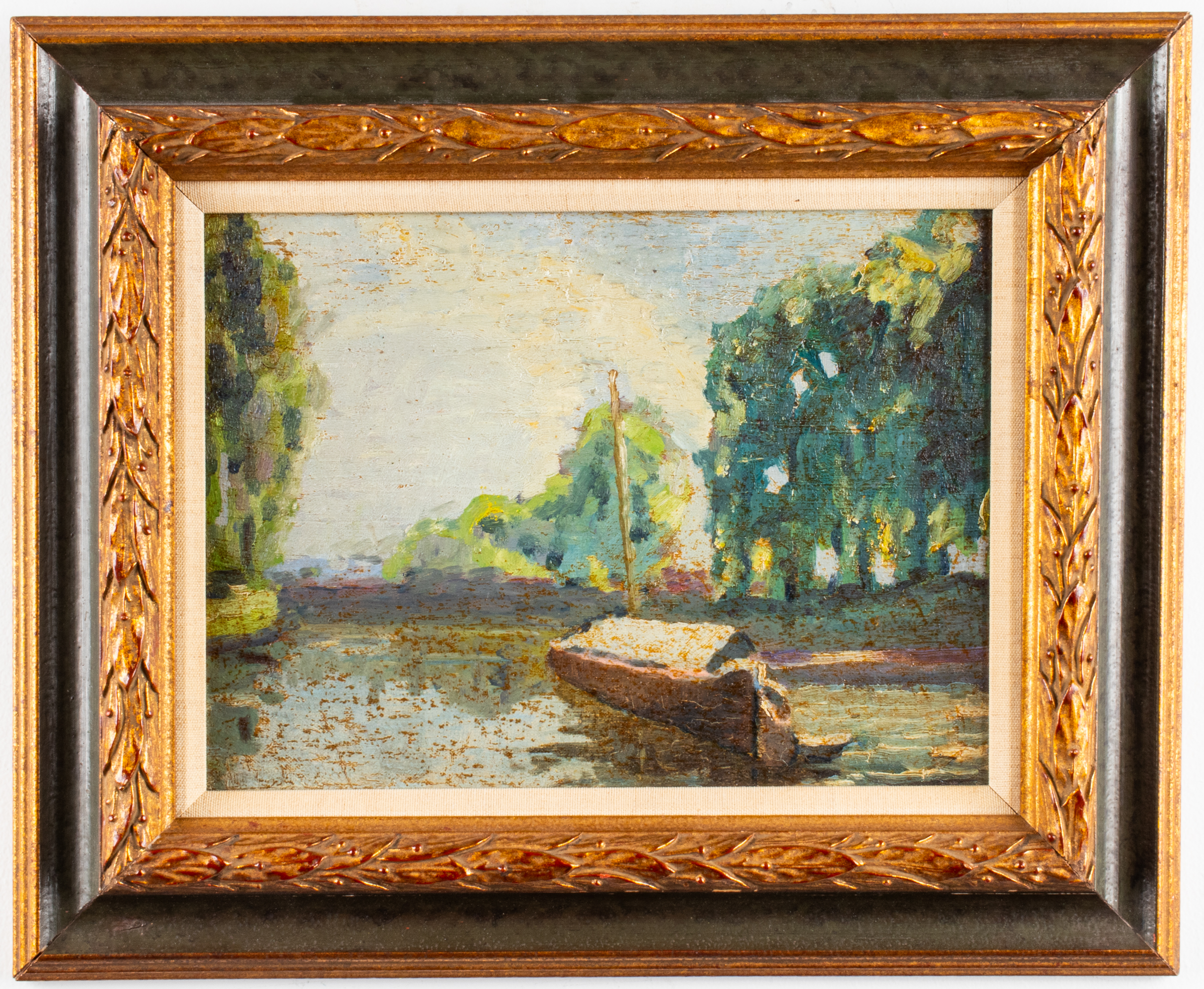 "BOAT WITH MAST ON RIVER," OIL ON