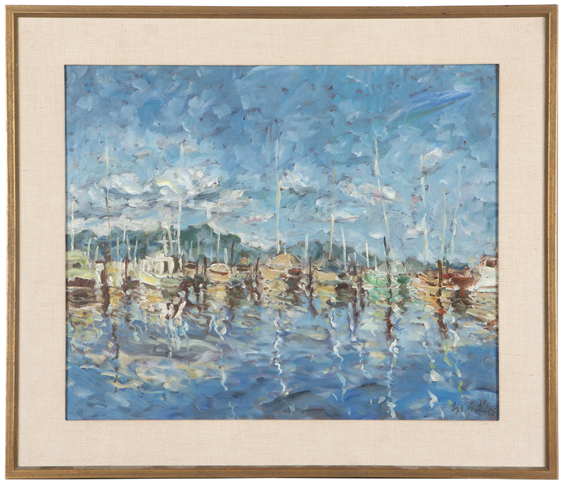 Boats in a harbor signed and