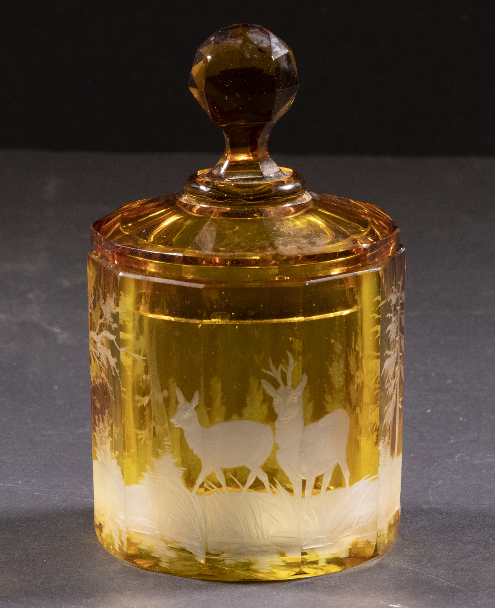 BOHEMIAN AMBER GLASS LIDDED JAR Cut