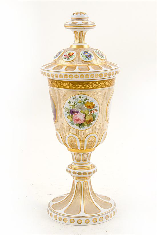 Bohemian enameled glass covered urn