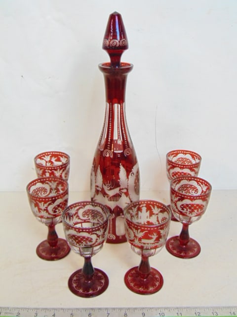 BOHEMIAN GLASS DECANTER WITH 6