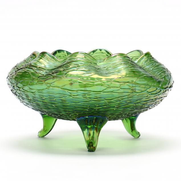 BOHEMIAN GREEN ART GLASS FOOTED