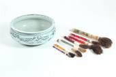 BOWL AND CALLIGRAPHY BRUSHES.