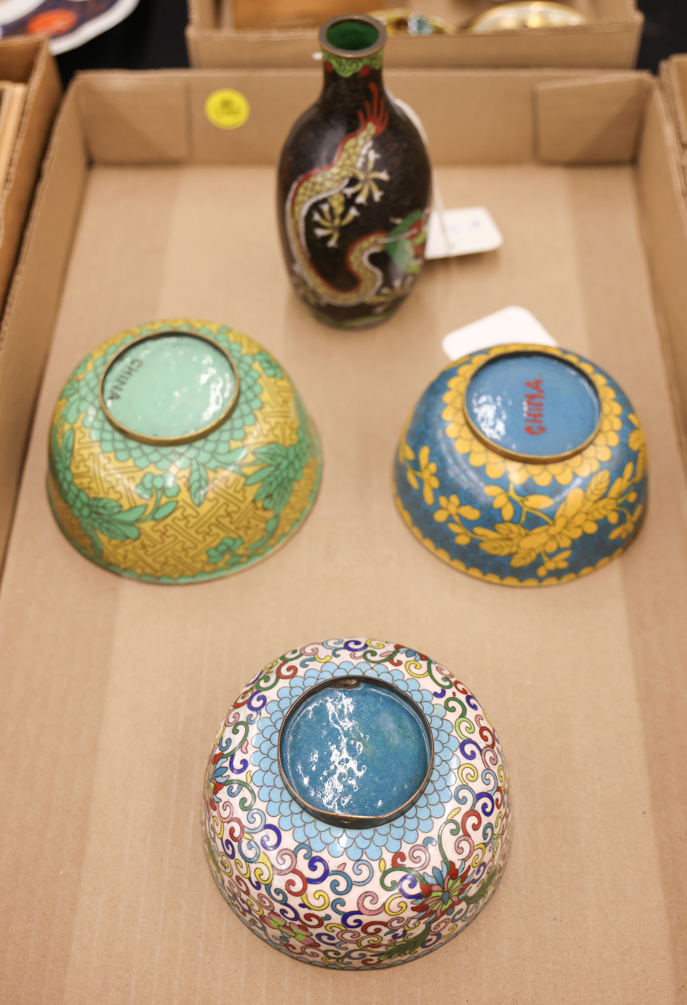 Box 4pc Chinese Cloisonne Bowls &